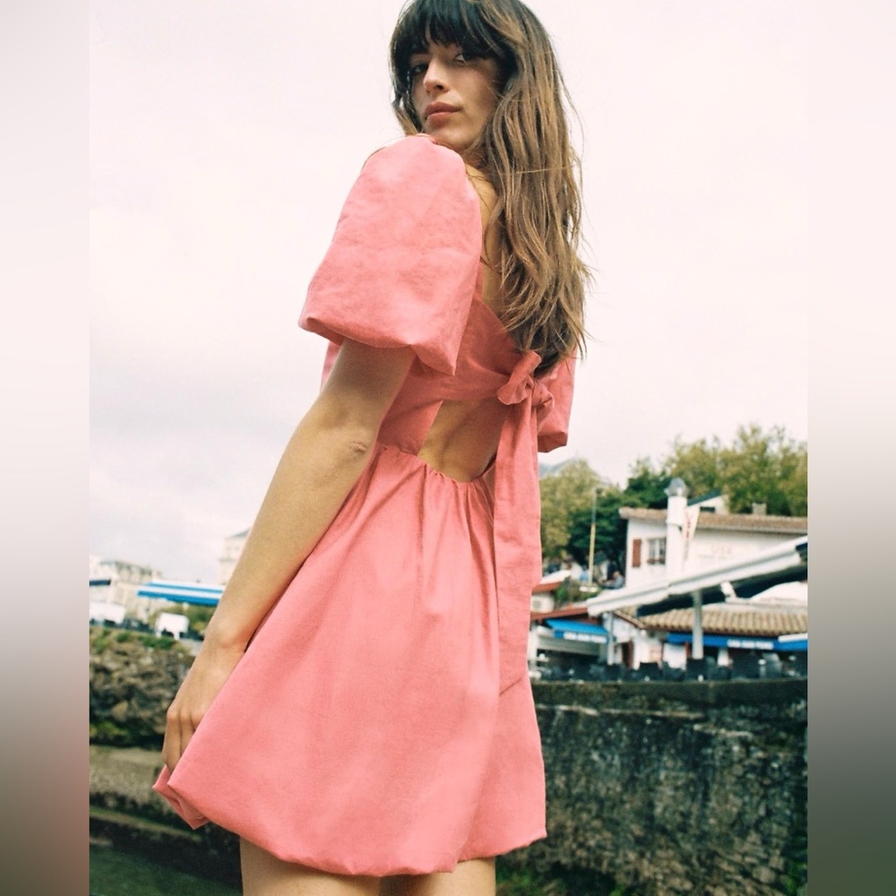 Zara LINEN BLEND BOW MINI DRESS